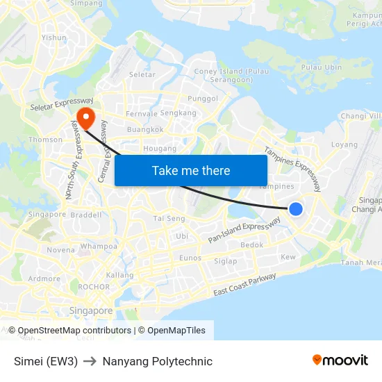 Simei (EW3) to Nanyang Polytechnic map