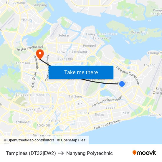 Tampines (DT32|EW2) to Nanyang Polytechnic map