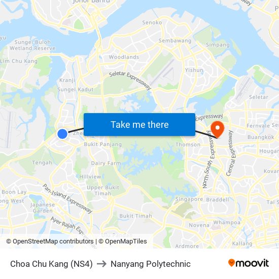 Choa Chu Kang (NS4) to Nanyang Polytechnic map