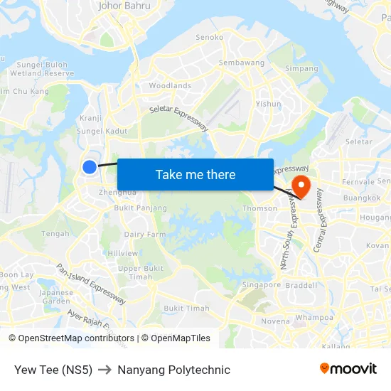 Yew Tee (NS5) to Nanyang Polytechnic map