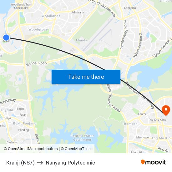 Kranji (NS7) to Nanyang Polytechnic map