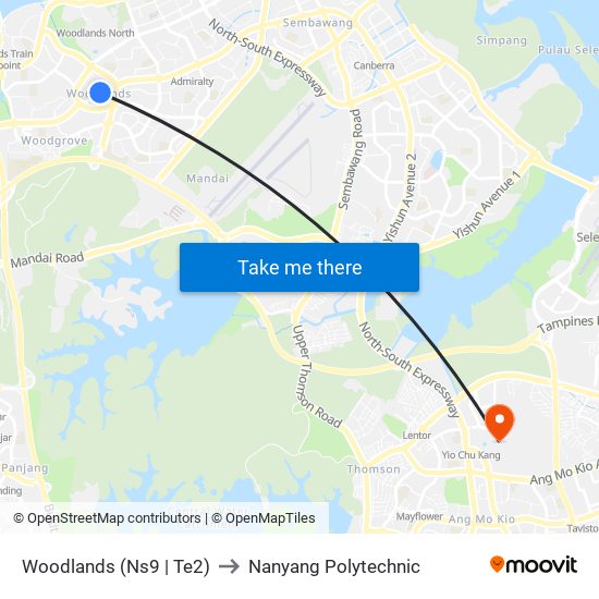 Woodlands (Ns9 | Te2) to Nanyang Polytechnic map