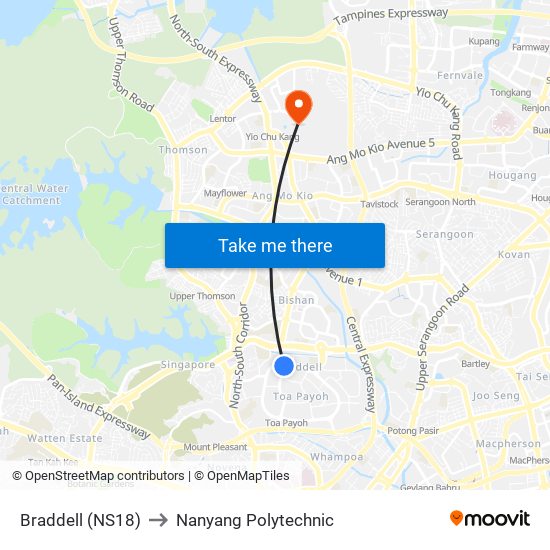 Braddell (NS18) to Nanyang Polytechnic map