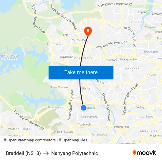 Braddell (NS18) to Nanyang Polytechnic map