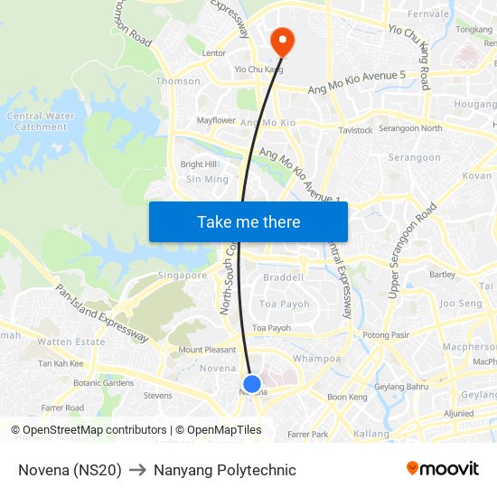 Novena (NS20) to Nanyang Polytechnic map