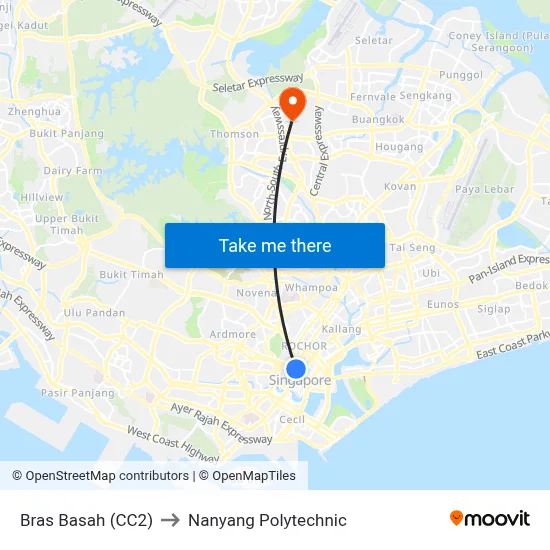 Bras Basah (CC2) to Nanyang Polytechnic map