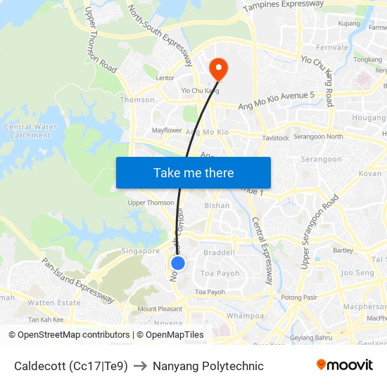 Caldecott (Cc17|Te9) to Nanyang Polytechnic map
