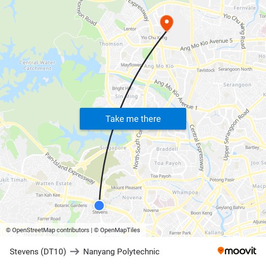 Stevens (DT10) to Nanyang Polytechnic map