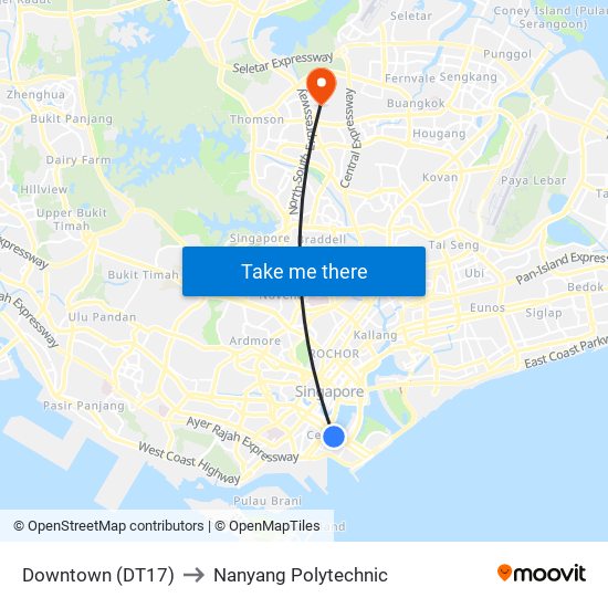 Downtown (DT17) to Nanyang Polytechnic map