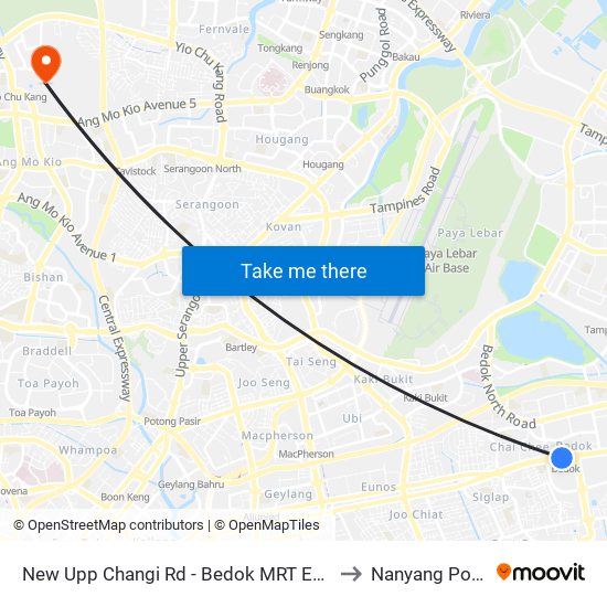 New Upp Changi Rd - Bedok MRT Exit A (Taxi Stand I08) to Nanyang Polytechnic map