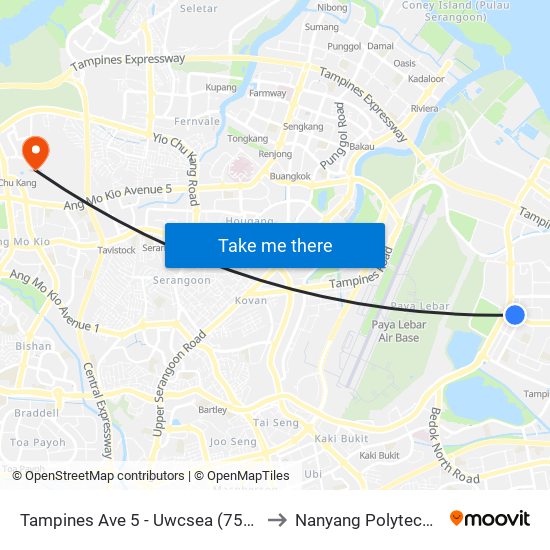 Tampines Ave 5 - Uwcsea  (75171) to Nanyang Polytechnic map