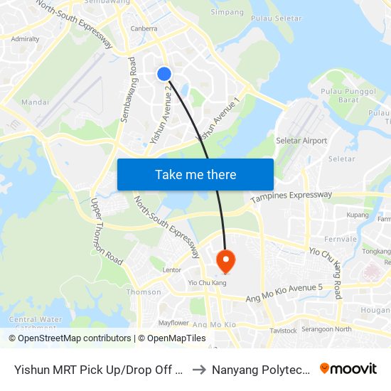 Yishun MRT Pick Up/Drop Off Point to Nanyang Polytechnic map