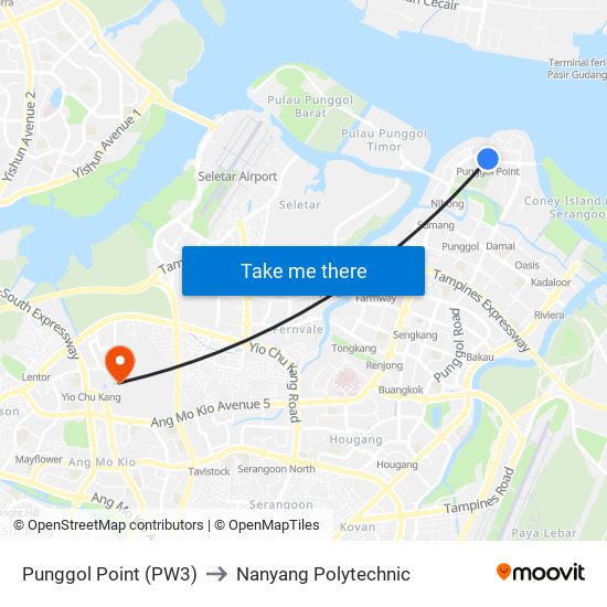 Punggol Point (PW3) to Nanyang Polytechnic map