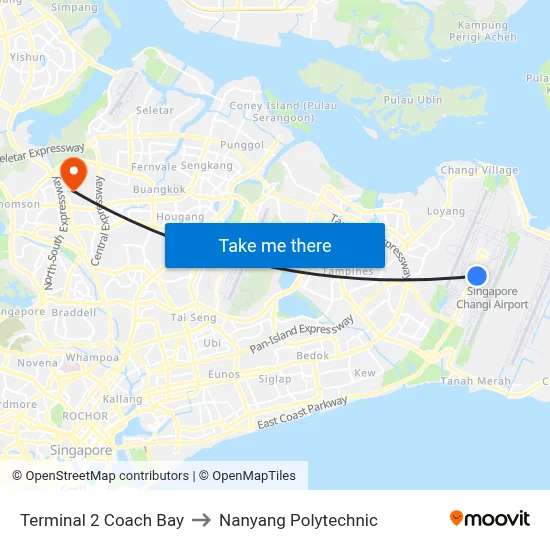 Terminal 2 Coach Bay to Nanyang Polytechnic map