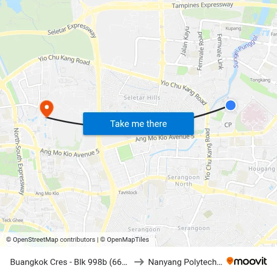 Buangkok Cres - Blk 998b (66579) to Nanyang Polytechnic map