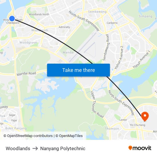 Woodlands to Nanyang Polytechnic map