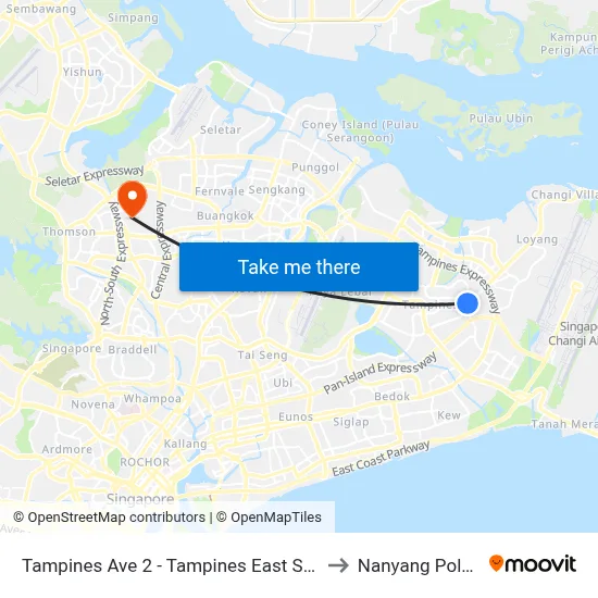 Tampines Ave 2 - Tampines East Stn Exit B (76031) to Nanyang Polytechnic map