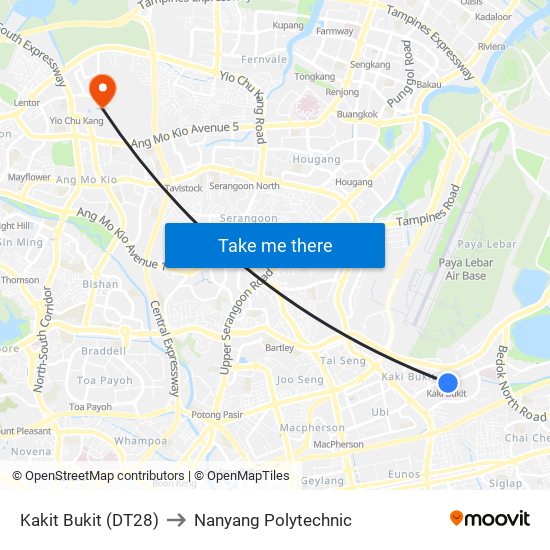 Kakit Bukit (DT28) to Nanyang Polytechnic map