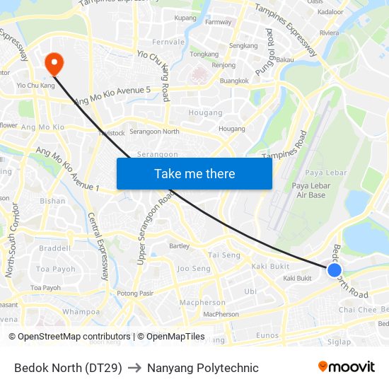 Bedok North (DT29) to Nanyang Polytechnic map