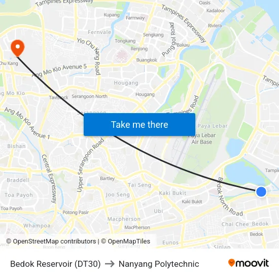 Bedok Reservoir (DT30) to Nanyang Polytechnic map