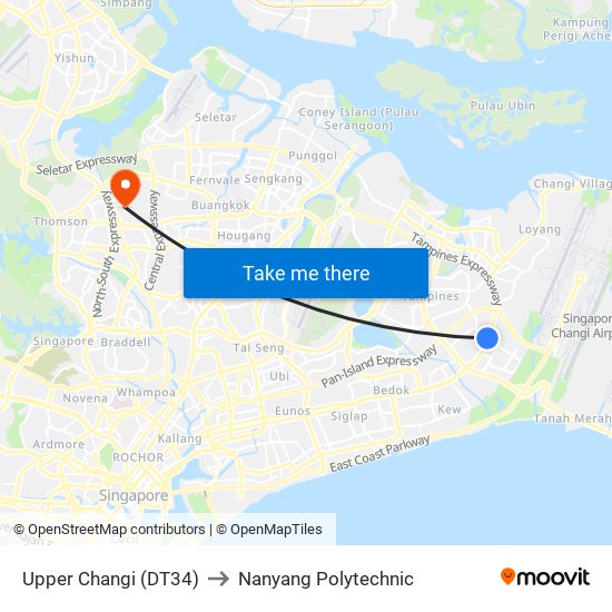 Upper Changi (DT34) to Nanyang Polytechnic map