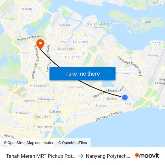 Tanah Merah MRT Pickup Point to Nanyang Polytechnic map