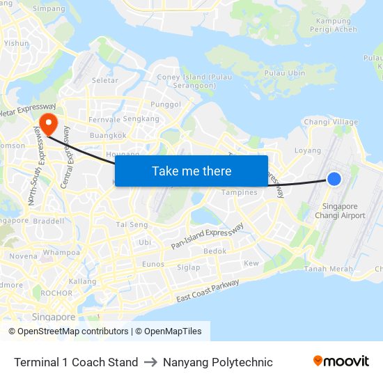 Terminal 1 Coach Stand to Nanyang Polytechnic map