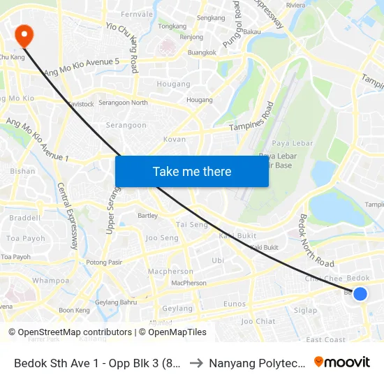 Bedok Sth Ave 1 - Opp Blk 3 (84169) to Nanyang Polytechnic map