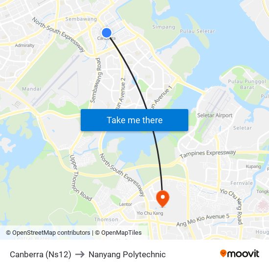 Canberra (Ns12) to Nanyang Polytechnic map