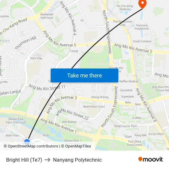 Bright Hill (Te7) to Nanyang Polytechnic map