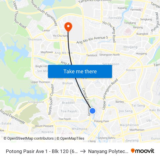 Potong Pasir Ave 1 - Blk 120 (61101) to Nanyang Polytechnic map