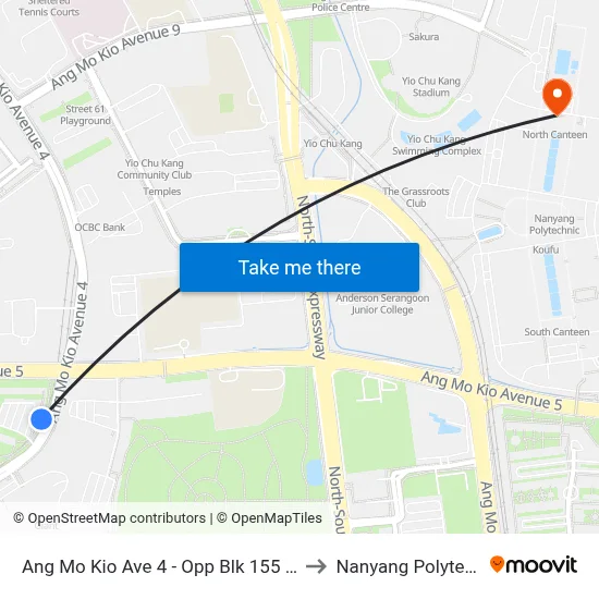 Ang Mo Kio Ave 4 - Opp Blk 155 (54201) to Nanyang Polytechnic map