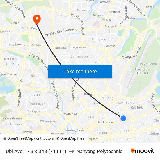 Ubi Ave 1 - Blk 343 (71111) to Nanyang Polytechnic map
