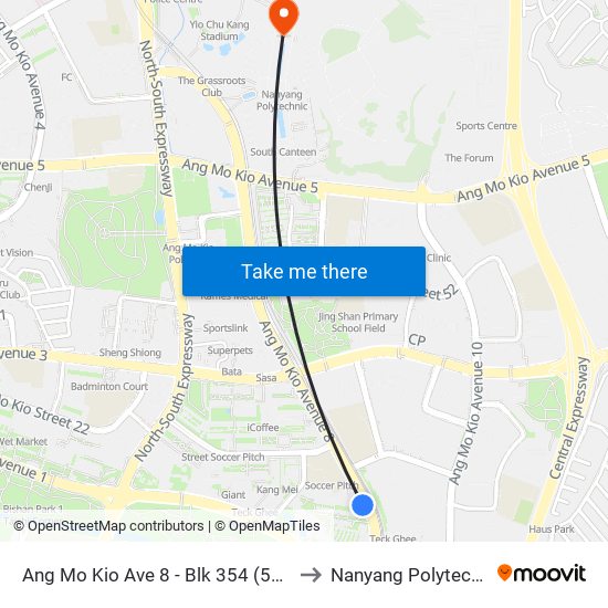 Ang Mo Kio Ave 8 - Blk 354 (54321) to Nanyang Polytechnic map