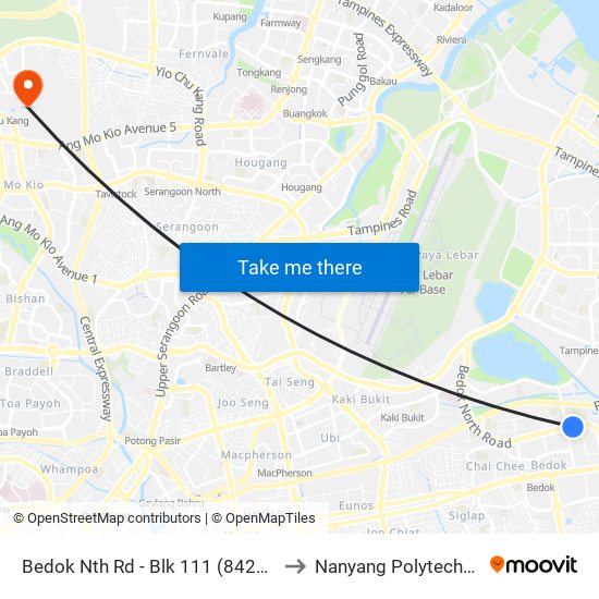 Bedok Nth Rd - Blk 111 (84229) to Nanyang Polytechnic map