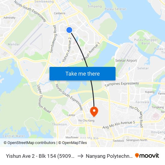 Yishun Ave 2 - Blk 154 (59091) to Nanyang Polytechnic map