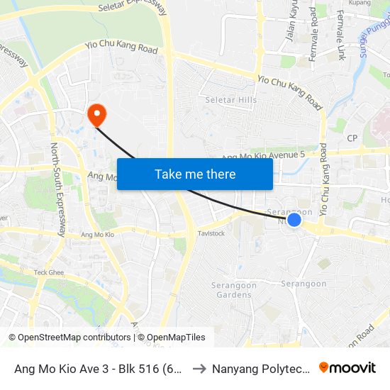 Ang Mo Kio Ave 3 - Blk 516 (66101) to Nanyang Polytechnic map