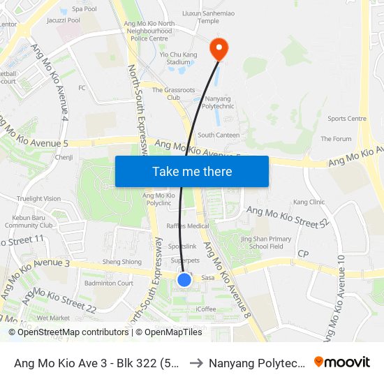 Ang Mo Kio Ave 3 - Blk 322 (54247) to Nanyang Polytechnic map