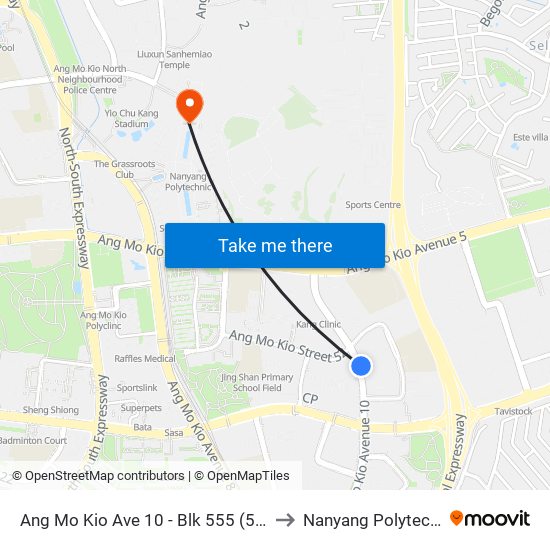 Ang Mo Kio Ave 10 - Blk 555 (54589) to Nanyang Polytechnic map