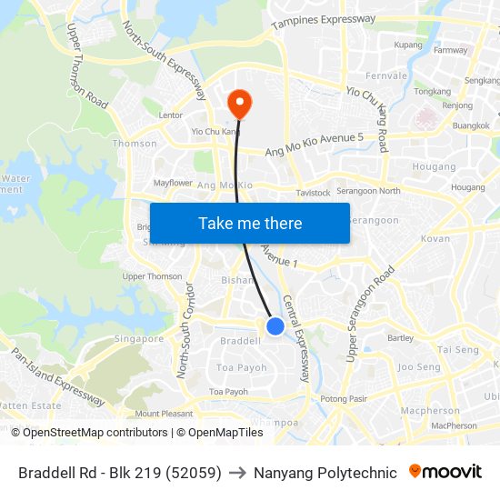 Braddell Rd - Blk 219 (52059) to Nanyang Polytechnic map