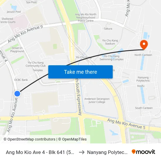 Ang Mo Kio Ave 4 - Blk 641 (55139) to Nanyang Polytechnic map