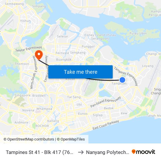 Tampines St 41 - Blk 417 (76399) to Nanyang Polytechnic map