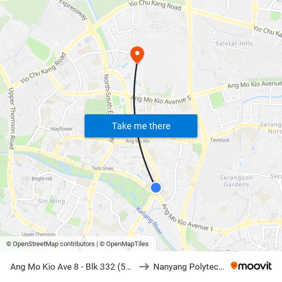 Ang Mo Kio Ave 8 - Blk 332 (54311) to Nanyang Polytechnic map