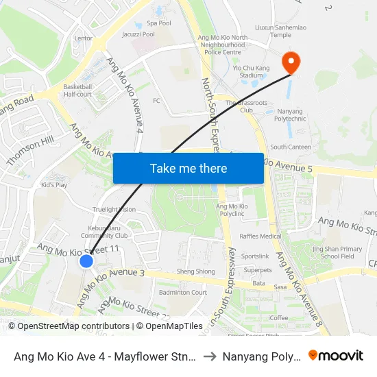 Ang Mo Kio Ave 4 - Mayflower Stn Exit 6 (54181) to Nanyang Polytechnic map