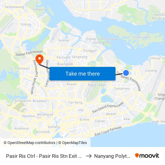 Pasir Ris Ctrl - Pasir Ris Stn Exit B (77039) to Nanyang Polytechnic map