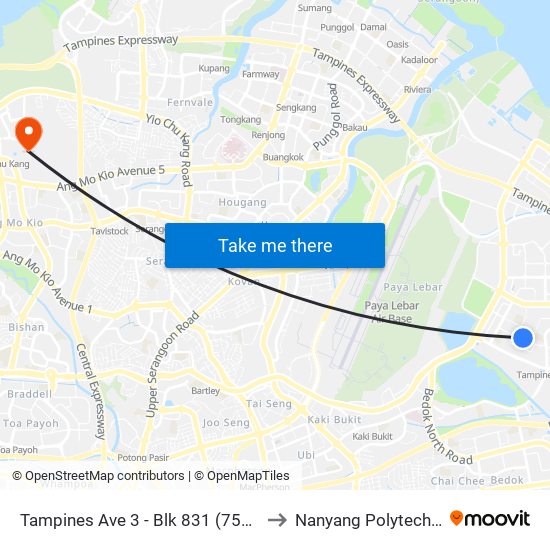 Tampines Ave 3 - Blk 831 (75081) to Nanyang Polytechnic map