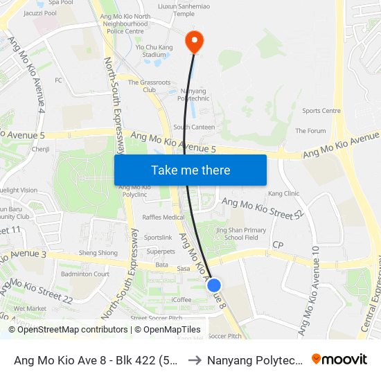 Ang Mo Kio Ave 8 - Blk 422 (54339) to Nanyang Polytechnic map