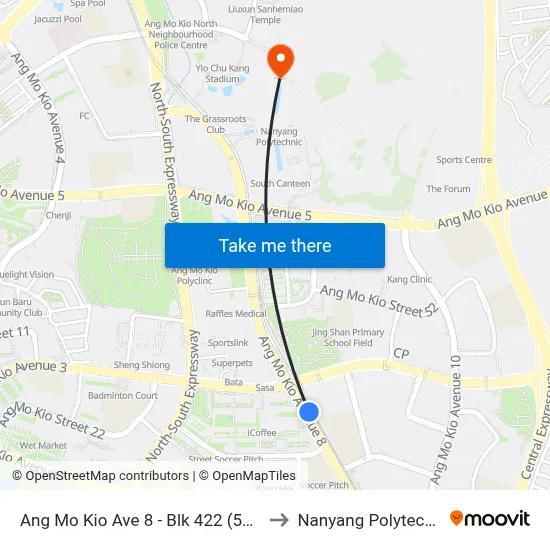 Ang Mo Kio Ave 8 - Blk 422 (54339) to Nanyang Polytechnic map