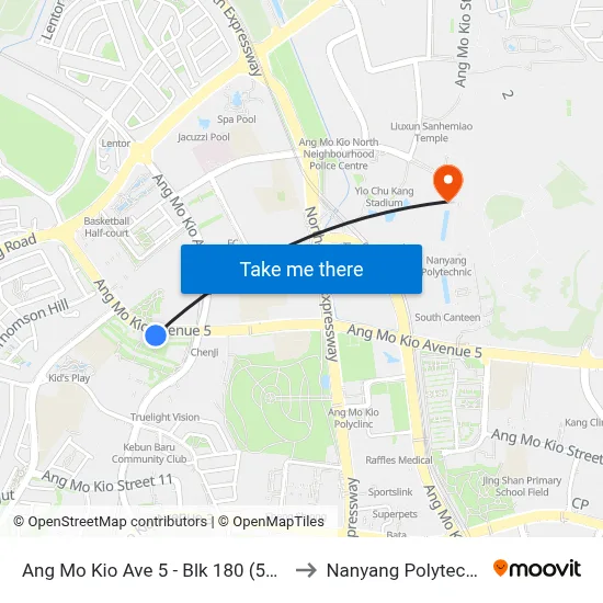 Ang Mo Kio Ave 5 - Blk 180 (55111) to Nanyang Polytechnic map