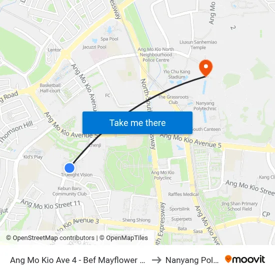 Ang Mo Kio Ave 4 - Bef Mayflower Stn Exit 3 (54199) to Nanyang Polytechnic map